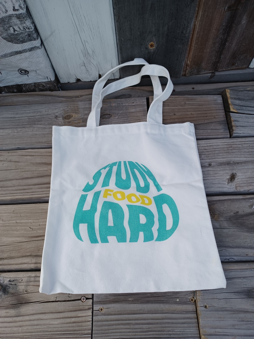 White Tote Bag with Green "Study Hard" Print